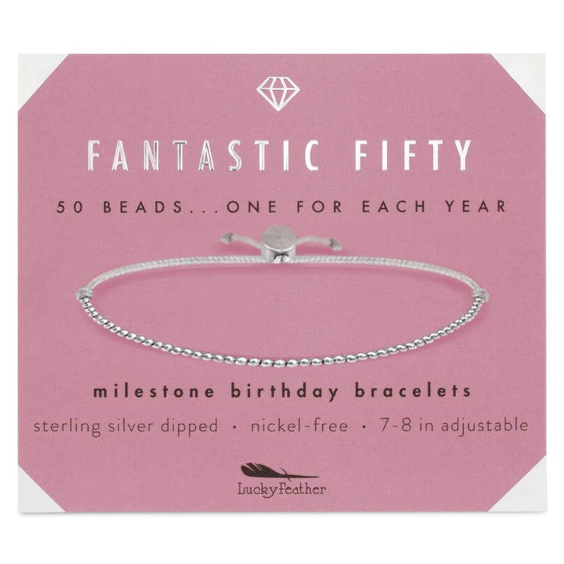 Lucky Feather 50th birthday gifts for her | 50th birthday gifts for women Bracelet | 14K Gold, Rose Gold, or Silver Dipped Beads on Adjustable Cord | Trendy 50 year old gifts for women | With Card - Image 1